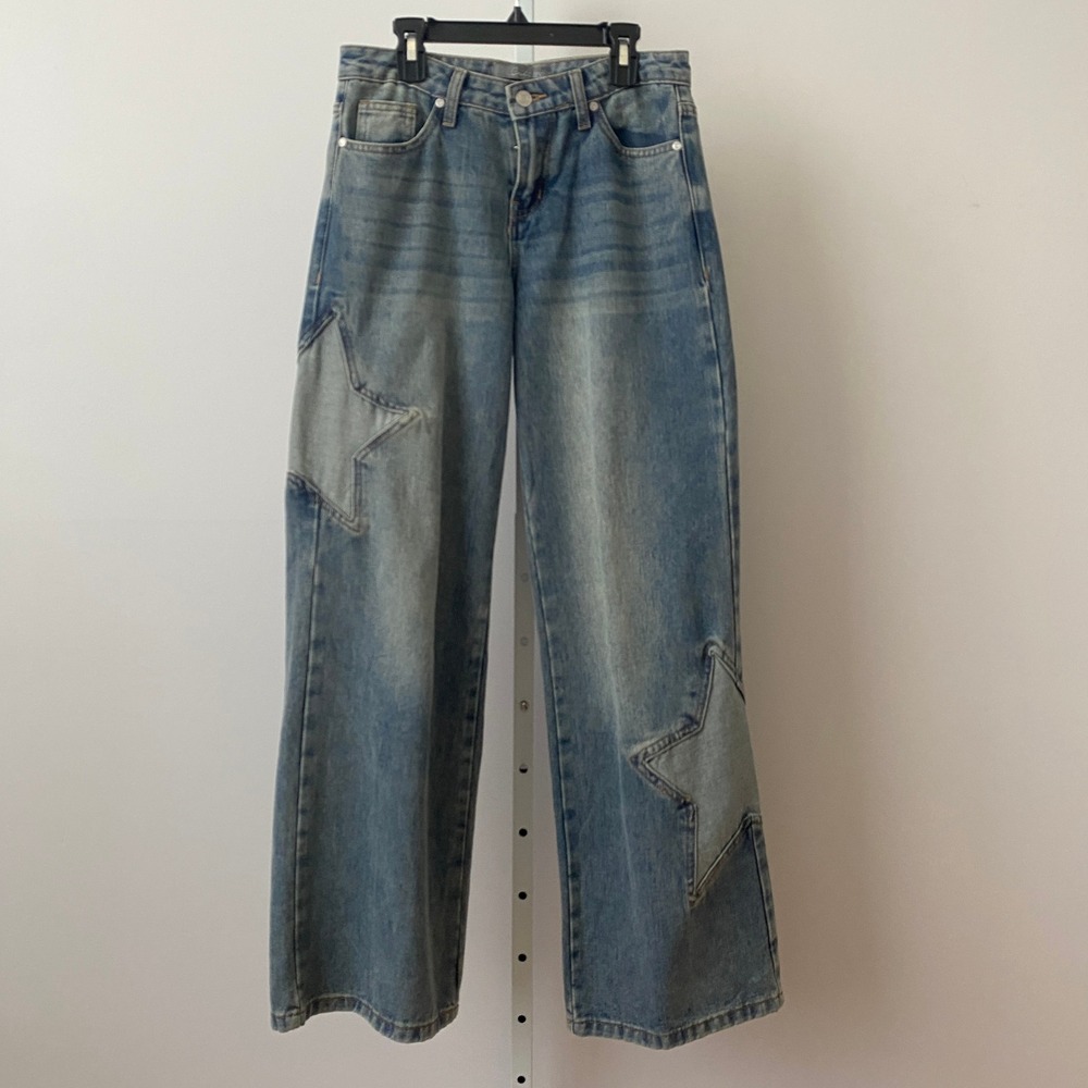 Cali 1850 Cotton Y2K Quirky Celestial Star Patch Wide Leg Jeans 3/26 Blue